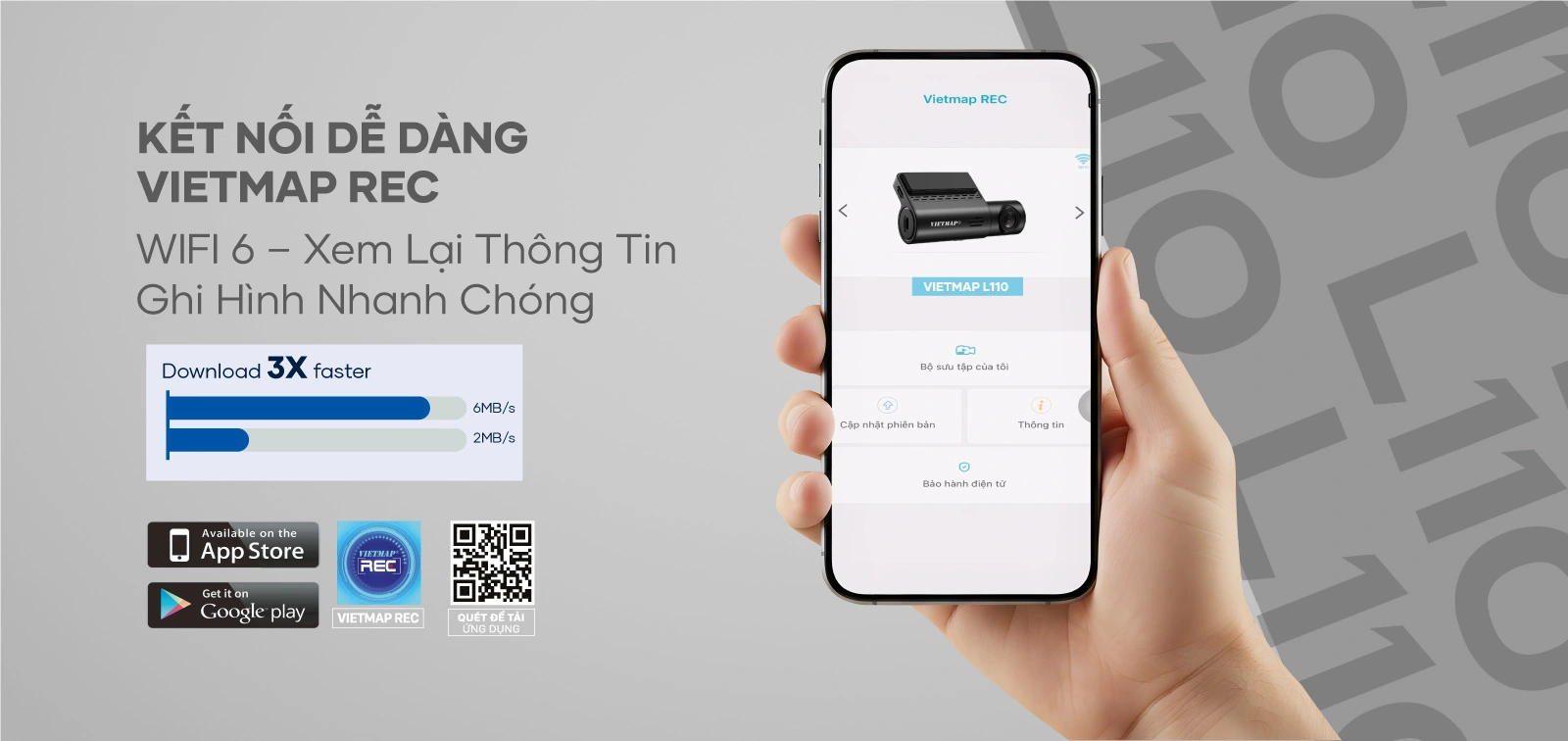 L110 kết nối với ứng dụng VIETMAP REC, cho phép xem lại và trích xuất video dễ dàng