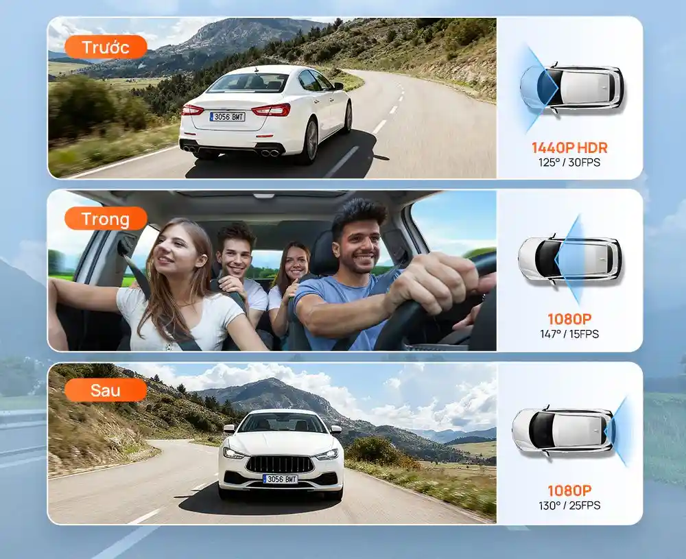 Hệ thống camera ghi hình 3 kênh trước, trong và sau xe